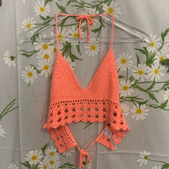 2 coral pink and sun yellow crochet bralette tops - Picture 3 of 8